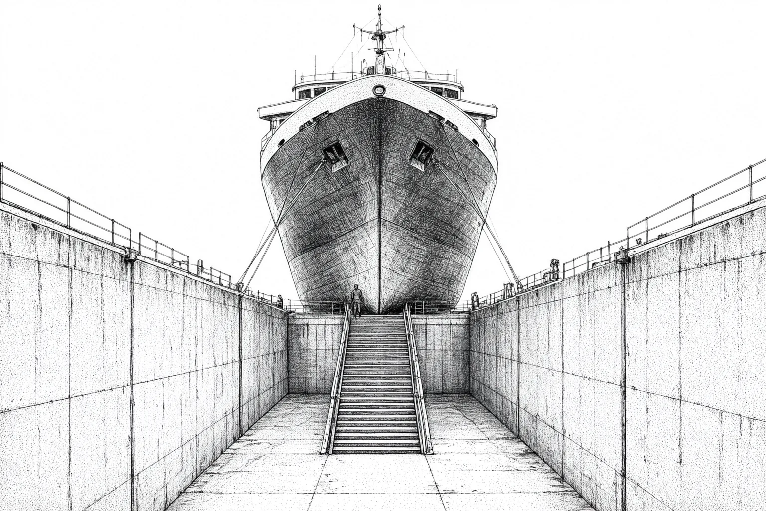 Pencil drawing of a ship bow in a dry dock