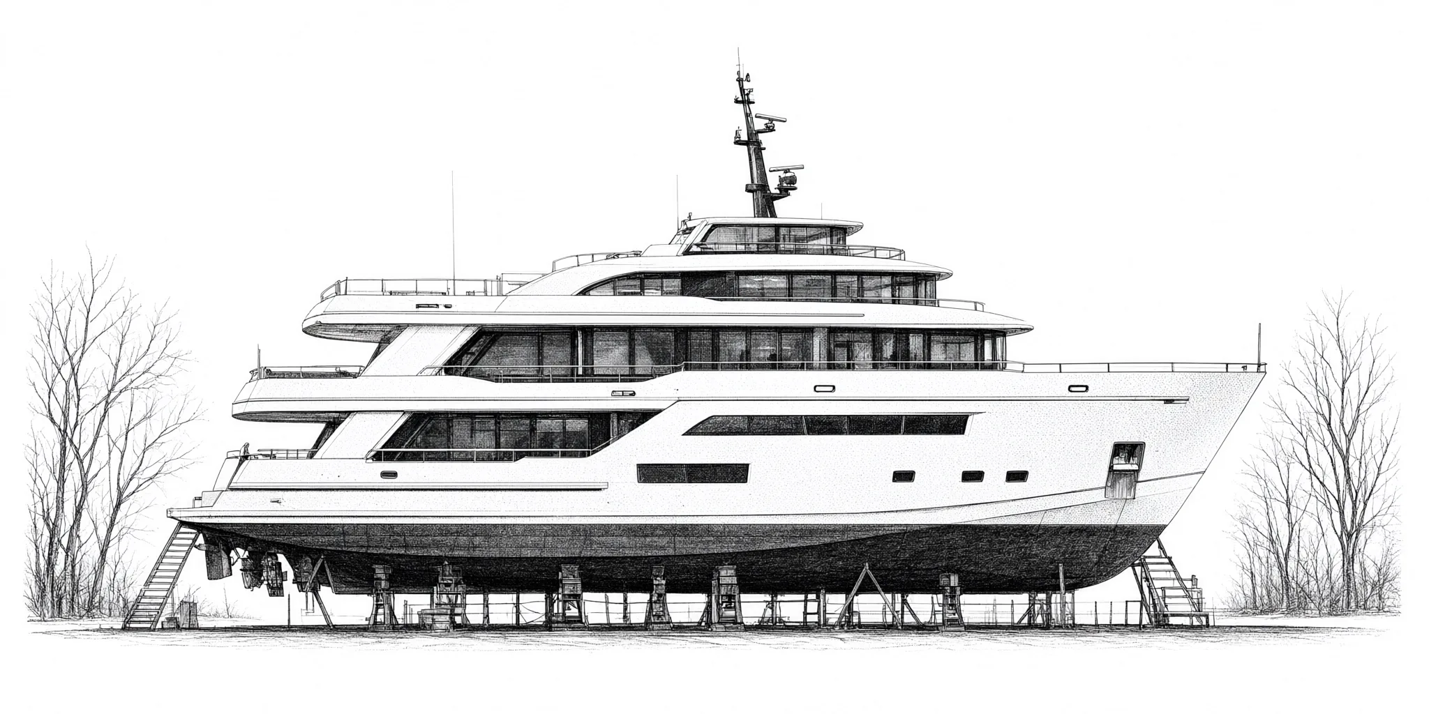 Stippled pencil elevation of a three-deck motor yacht on a dry-dock cradle