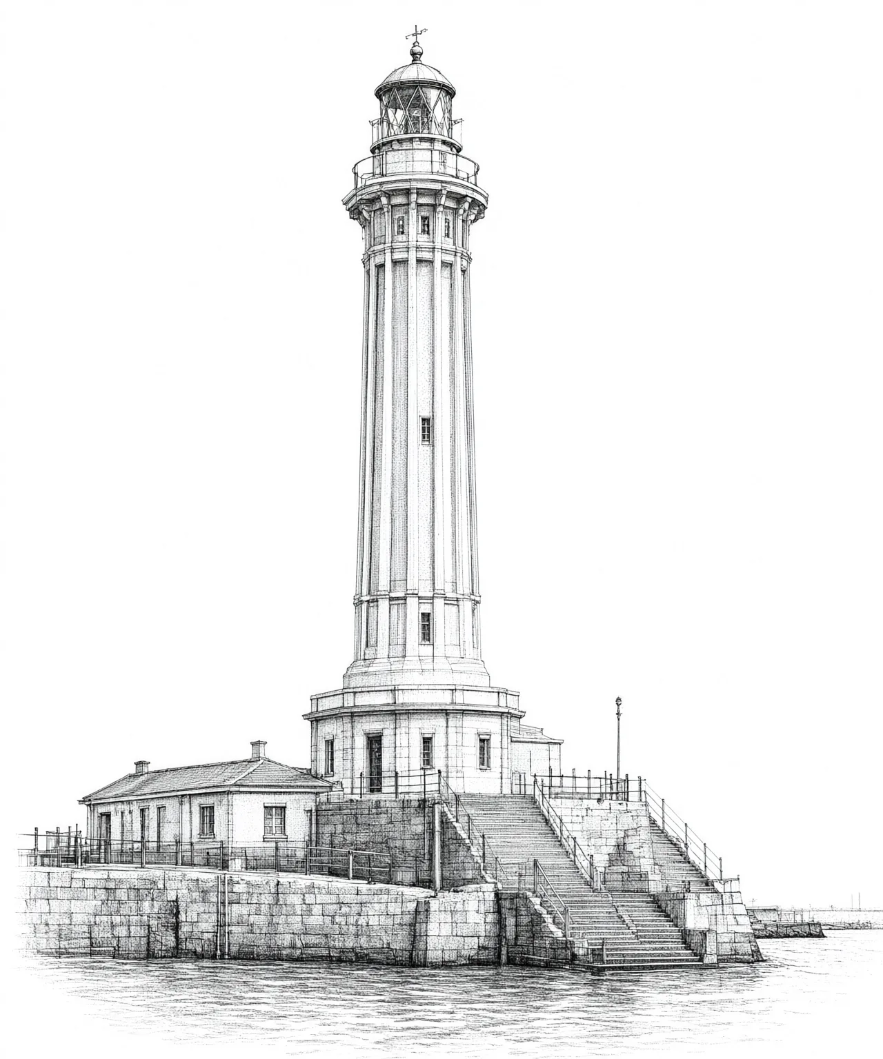 Pencil drawing of a lighthouse on a stone quay