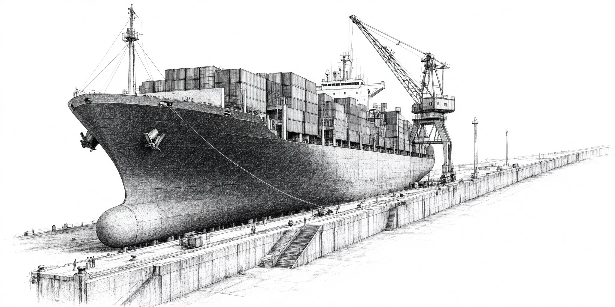 Pencil drawing of a container ship in a dry dock beside a gantry crane